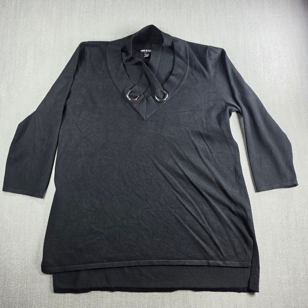 Cable & Gauge Sweater Womens XL Black Criss Cross Grommet V-Neck 3/4 Sleeve Top